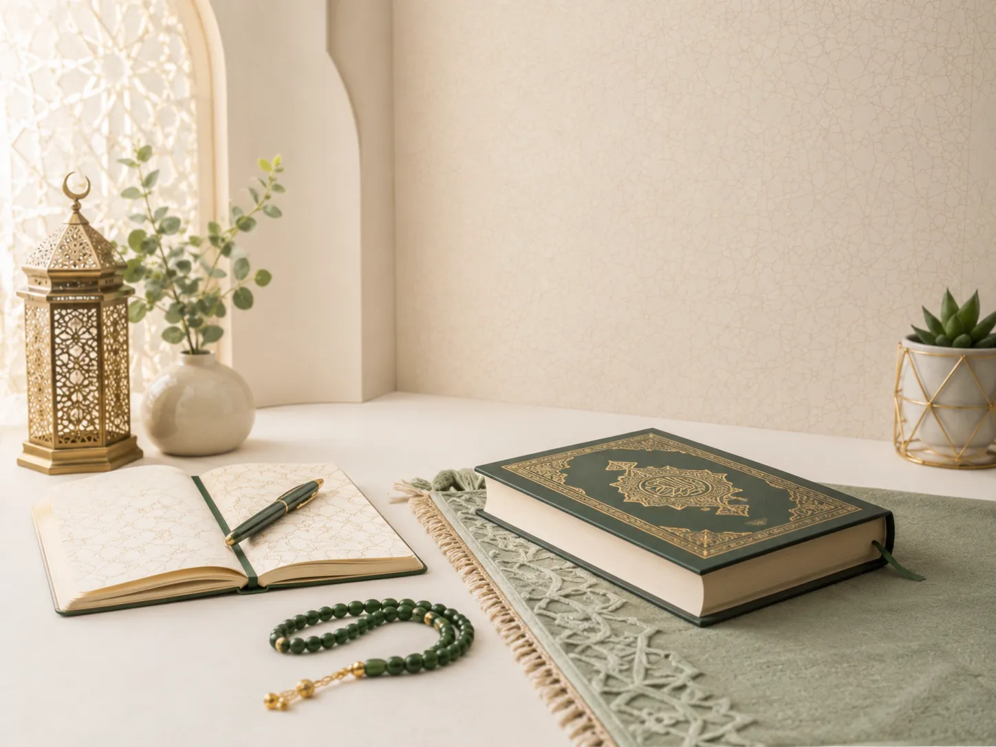 Calm Islamic study setting with an open Quran on a prayer mat, a notebook and pen, tasbih beads, and a lantern.