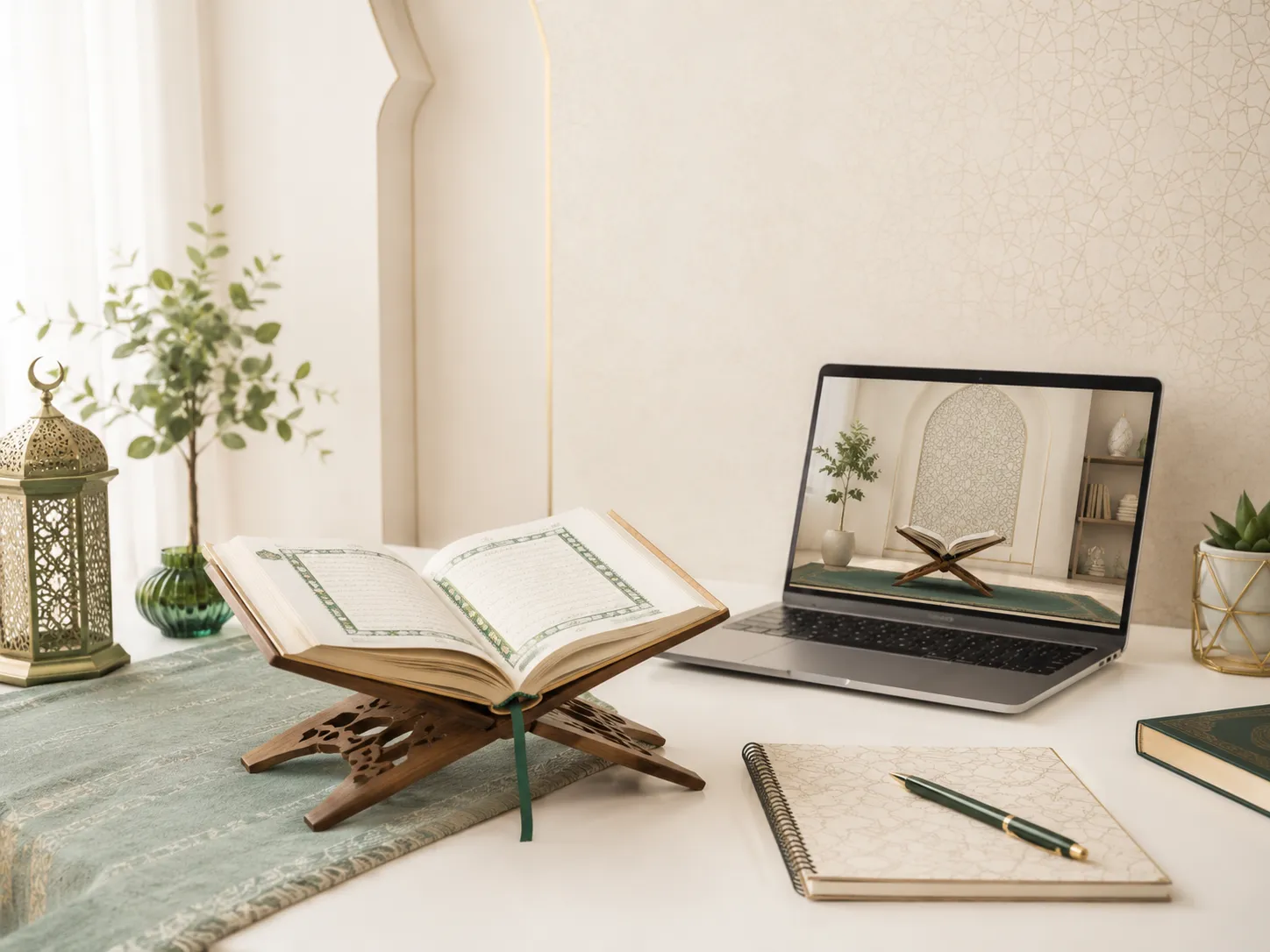 Online Quran class setup with an open Quran on a stand, laptop, and notebook in a calm Islamic study space.